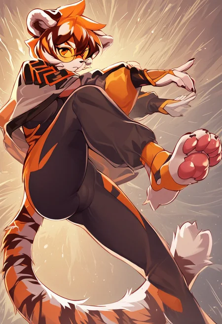 safe_pos, score_9, score_8_up, score_7_up, 2.D, extremely detailed, waaifu_arknights, furry female, tiger ears, orange hair, tiger girl, short hair, multicolored fur, tiger tail, orange tinted eyeware, dynamic shot, speed lines, sweat, she's facing the camera, she is about to kick, she is wearing a short sports top, she is wearing thin yoga pants, her cameltoe is softly visible through her clothes, paw prints pattern in the background