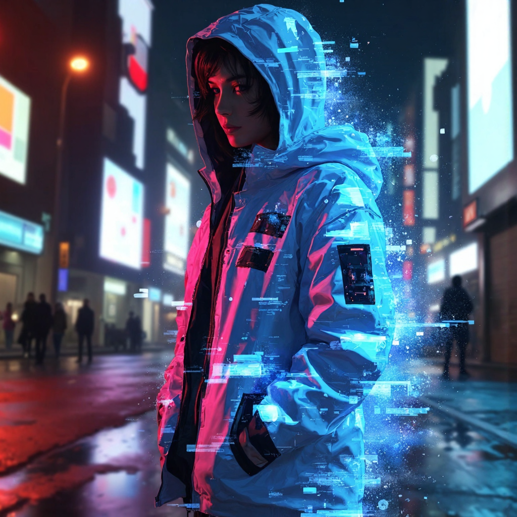 hyper realistic, Full body shot of an 1 hologram spirit, ambiguous gender, jacket, hood, hidden face, glitch, floating, solo, screens, (cyberpunk0.8), futuristic, sci-fi, masterpiece, best quality, amazing quality, very aesthetic, absurdres, newest chromatic_colors, fairytale_landscape, cute_creature, multicolored_fur, unicorn, sitting, rainbow, her form glitching and fracturing as if caught between realities. Her skin appears to shatter like glass, revealing a digital void beneath, with pixels and binary code spilling out. The glitch effect is intense, with vibrant neon colors (electric blue, magenta, and cyan) distorting her figure, creating a surreal, otherworldly atmosphere. The background is cityscape, reflecting the glitching effect. 
(schizophrenia, split personality, surrealism, digital art, cyberpunk aesthetic, psychological horror, ultra-realistic details, dramatic lighting, high contrast, vivid colors, intricate textures), showcasing intricate details throughout, Cinematic, beautiful, vibrant, masterpiece, 32k, ultra HD, ultra-detailed, amazing quality, amazing artist, sharp edges, detailed textures, full view, atmospheric lighting, amazing visuals