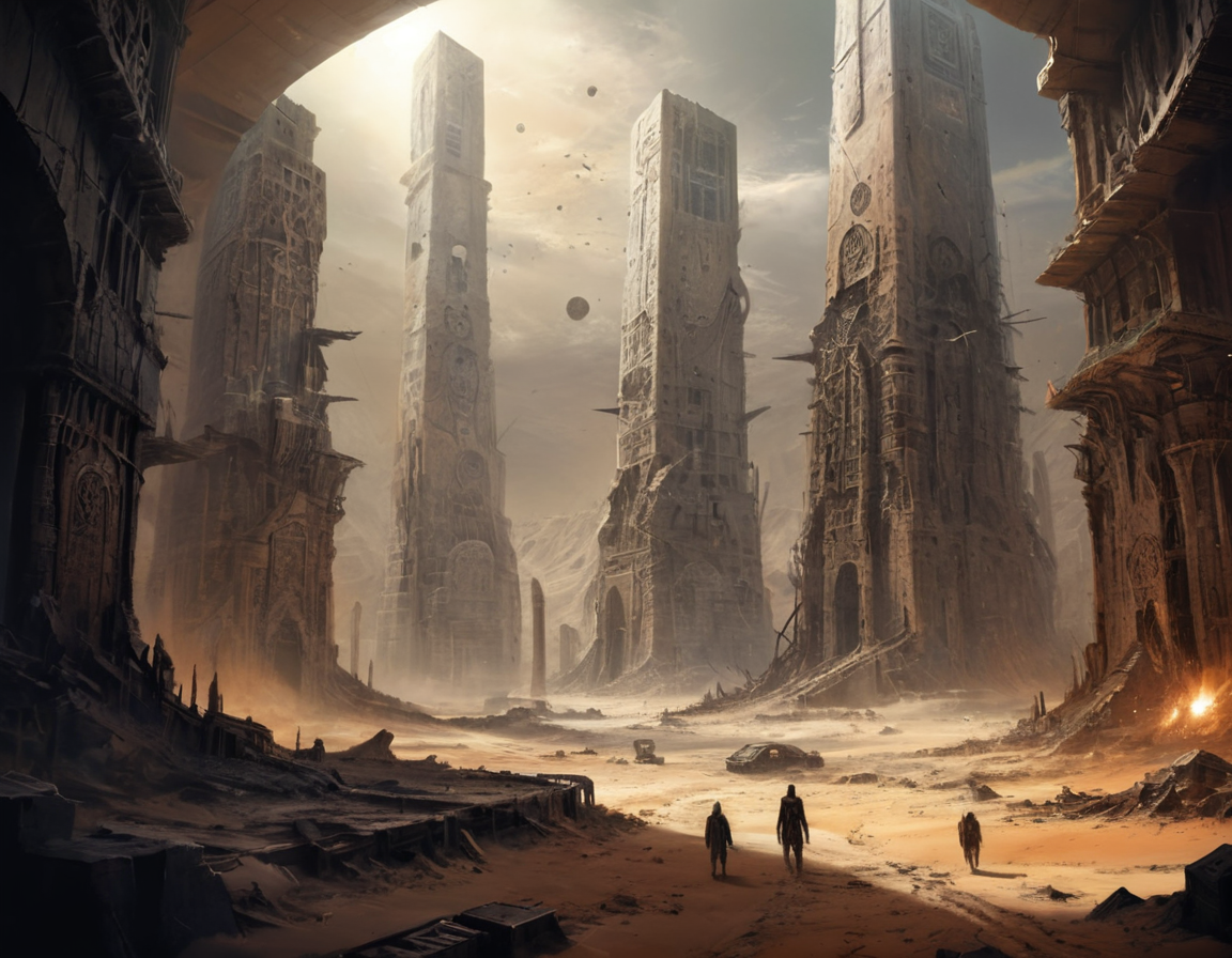 The shattered towers, their surfaces etched with ancient symbols now faded by time, whispered secrets of a forgotten civilization that had built its metropolis in the heart of a desert wasteland, only to be swallowed up by the very sands they sought to conquer, b3ks1n