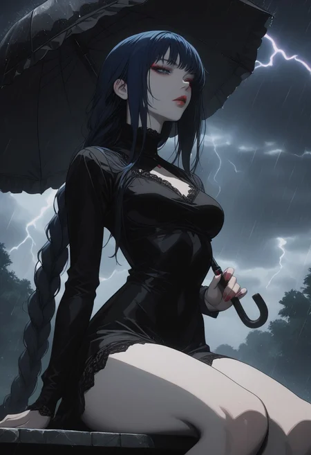 masterpiece, best quality, amazing quality, very aesthetic, detailed eyes, perfect eyes, realistic eyes,
1woman, dark blue hair, ((hair in long single braid)), (((very long braid))), absurdly long hair, blue eyes, ((slim body)), fit slim, (small breasts), fair skin, dynamic angle, red lipstick, close up, portrait, face focus, headshot, partial side view, CCD
Wearing slender black dress, short dress,
Sitting in a park, holding an umbrella above her,
Heavy rain, dark stormy clouds, lightning, extremely dark,
