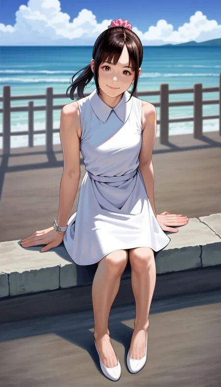 score_9,score_8_up,score_7_up,
<lora:miiyamotohikari:0.8>,miiyamotohikari,
photorealistic,realistic,
1girl,solo,black hair,bangs,pink scrunchie,
brown eyes,looking at viewer,smile,
sleeveless white dress,knee length dress,white collar,white wristwatch,white flat shoes,
full body,sitting,
blurry background,vignetting,simple background,outdoors,clear sky,ocean,cloud,pavement,sea fence,summer,