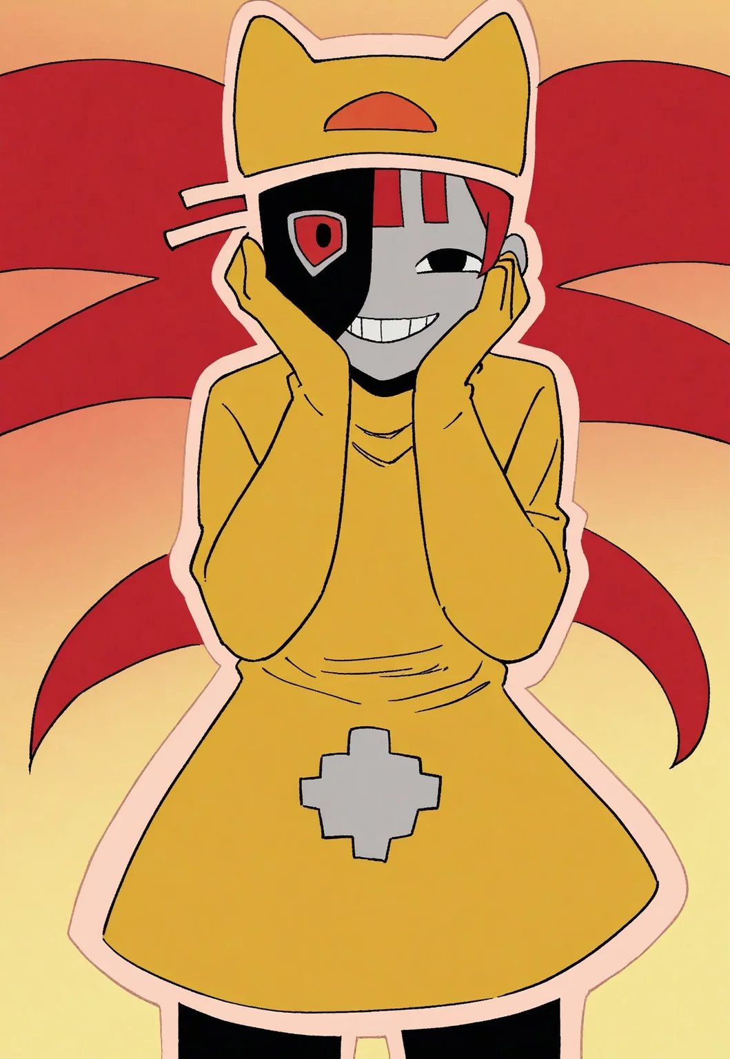 score_9, score_8_up, score_7_up, score_9,4k, HD, 8k, highres, masterpiece, best quality, cowboy shot, cartoon style, anime screencap, anime coloring, flat colors, solo, 1girl, Taskimaiden, colored skin, gray head, black body, red eye, black eye, asymmetrical face, red hair, fringes, twintails, yellow hat, turtleneck, yellow dress, gloves, tan outline, abstract background, hands on cheek, looking at viewer, grin, close up, face focus, beautiful eyes,
<segment:yolo-Anzhc Face seg 640 v2 y8n.pt,0.4,0.5//cid=1>
