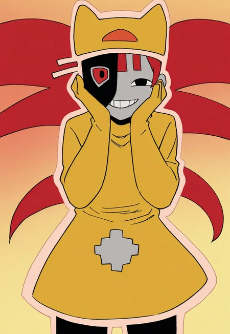 score_9, score_8_up, score_7_up, score_9,4k, HD, 8k, highres, masterpiece, best quality, cowboy shot, cartoon style, anime screencap, anime coloring, flat colors, solo, 1girl, Taskimaiden, colored skin, gray head, black body, red eye, black eye, asymmetrical face, red hair, fringes, twintails, yellow hat, turtleneck, yellow dress, gloves, tan outline, abstract background, hands on cheek, looking at viewer, grin, close up, face focus, beautiful eyes,
<segment:yolo-Anzhc Face seg 640 v2 y8n.pt,0.4,0.5//cid=1>
