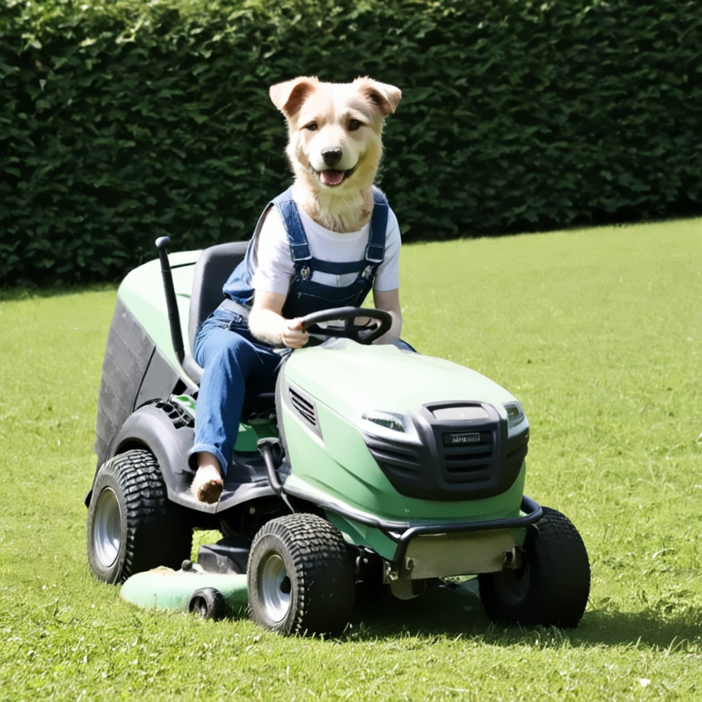 rilamo (front view) , (Dog in dungarees and shirt) riding a lawn mower. <lora:RideLawnMower:1>