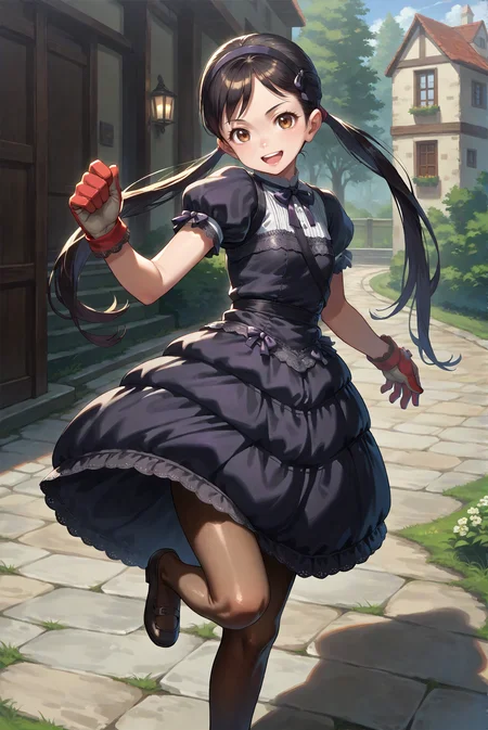 score_9, score_8_up, score_7_up, source_anime, Hopping on one foot, smiling, open mouth, <lora:Saki_Onechanbara_Z2:0.8> 1girl, solo, long hair, black hair, brown eye, gloves, twintails, hairband, dress, fishnets, pantyhose, looking at viewer, outdoors