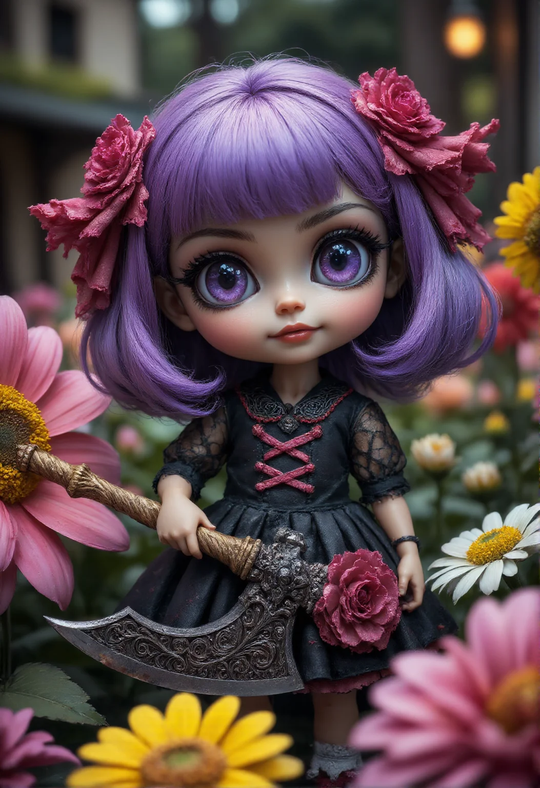 horror-themed A cute doll with oversized, expressive eyes and a cheerful smile, holding a massive, intricately designed axe that seems almost comically large in her tiny hands. She stands in a whimsical, colorful garden filled with oversized flowers and playful creatures. Special effects highlight the doll's vibrant colors and the gleaming metal of the axe, while post-processing adds a soft, dreamy glow. Visual treatment inspired by the styles of Yoshitomo Nara and the playful aesthetics of children's storybooks, merging charm and fantasy for an enchanting image.
<lora:aidmaMJ6.1v0.4:1> aidmaMJ6.1 <lora:DarksunRIDDV3:1> . eerie, unsettling, dark, spooky, suspenseful, grim, highly detailed
