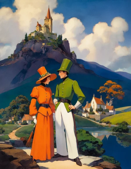 a Parrish illustration for a children's story depicts two whimsical sentinels standing guard, each wearing a distinctive uniform characterized by vibrant orange and green tones. Their outfits include wide-brimmed hats adorned with decorative elements and white trousers that provide a playful contrast to the vivid upper garments. Each figure standing confidently with friendly expressions that suggest a welcoming presence. In the background, a picturesque town unfolds, marked by a variety of architectural styles, including towers and homes with sloped roofs in warm hues. The sky boasts a mix of soft clouds against a deep blue backdrop, enhancing the enchanting atmosphere of the scene. <lora:MParrish-000004:1>