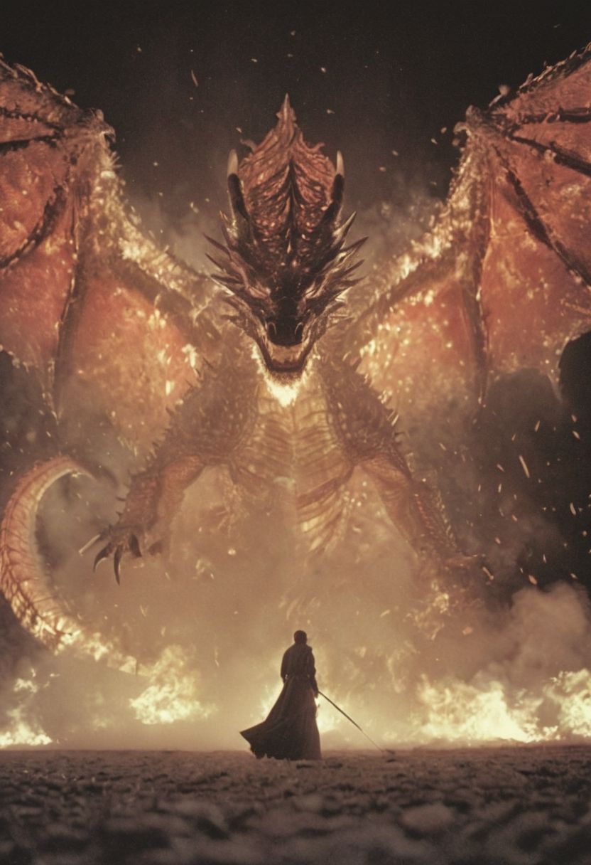 Bosstyle, a Woman fighting a giant dragon-kite Boss By Wes Anderson and HR giger: Capture the essence of nostalgia and color in this vintage photograph of a kite festival. Dominating the scene is a meticulously detailed translucent dark-red translucent dragon-kite, adorned with vibrant patterns, flying proudly against the wind. Its long tail trails behind, composed of intricately woven ribbons, adding to the spectacle of the moment.
Amidst the quietude of the night, his presence exudes a sense of ancestral strength and resilience. Behind him, the low-toned hues of the Milky Way cast a mesmerizing backdrop, a cosmic tapestry weaving tales of both past and future. In this moment, the convergence of tradition and technology, of ancient wisdom and industrial progress, hangs palpably in the air.
In the depths of this nocturnal tableau lies the promise of epic tales yet untold, where the spirit of the Indianer melds seamlessly with the diesel-powered pulse of a world in flux.