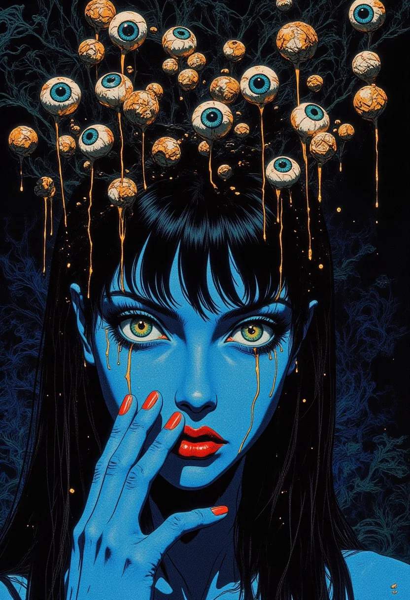A surreal and highly detailed 8K digital illustration of a close-up view of a woman with an otherworldly expression, her vivid, ethereal blue skin contrasting sharply with her intense green eyes. Wet strands of her dark hair cascade around her face, while her bold deep-red lips and glossy, manicured fingernails add a striking vibrancy. Above her head, multiple eyeballs of varying sizes and colors—ranging from deep blues and greens to bright yellows and reds—drip like liquid in a surreal, disturbing display. These eyeballs are intricately detailed, their irises and pupils highly realistic, suspended in a viscous, unnatural substance that adds to the eerie aesthetic. The dark, abstract background features swirling, chaotic patterns and more dripping liquid, complementing the unsettling mood. Dramatic, cinematic lighting highlights the sharp contours of her face, casting deep shadows that emphasize her unsettling beauty and the surreal elements around her. The composition masterfully blends realism and surrealism, creating an intricate and emotionally charged scene designed to evoke mystery, tension, and awe, capturing a bold artistic vision.