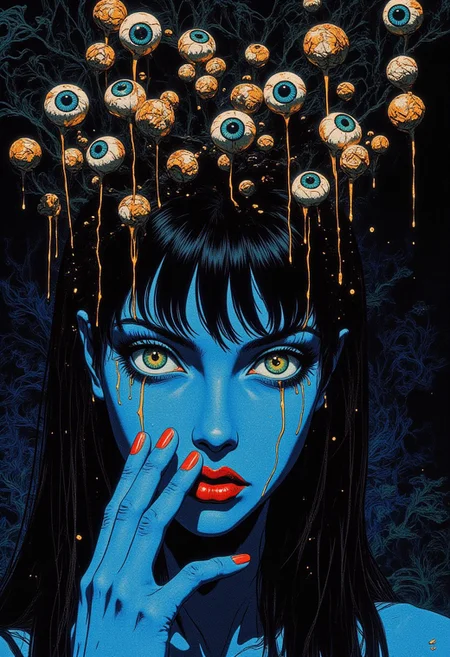 A surreal and highly detailed 8K digital illustration of a close-up view of a woman with an otherworldly expression, her vivid, ethereal blue skin contrasting sharply with her intense green eyes. Wet strands of her dark hair cascade around her face, while her bold deep-red lips and glossy, manicured fingernails add a striking vibrancy. Above her head, multiple eyeballs of varying sizes and colors—ranging from deep blues and greens to bright yellows and reds—drip like liquid in a surreal, disturbing display. These eyeballs are intricately detailed, their irises and pupils highly realistic, suspended in a viscous, unnatural substance that adds to the eerie aesthetic. The dark, abstract background features swirling, chaotic patterns and more dripping liquid, complementing the unsettling mood. Dramatic, cinematic lighting highlights the sharp contours of her face, casting deep shadows that emphasize her unsettling beauty and the surreal elements around her. The composition masterfully blends realism and surrealism, creating an intricate and emotionally charged scene designed to evoke mystery, tension, and awe, capturing a bold artistic vision.