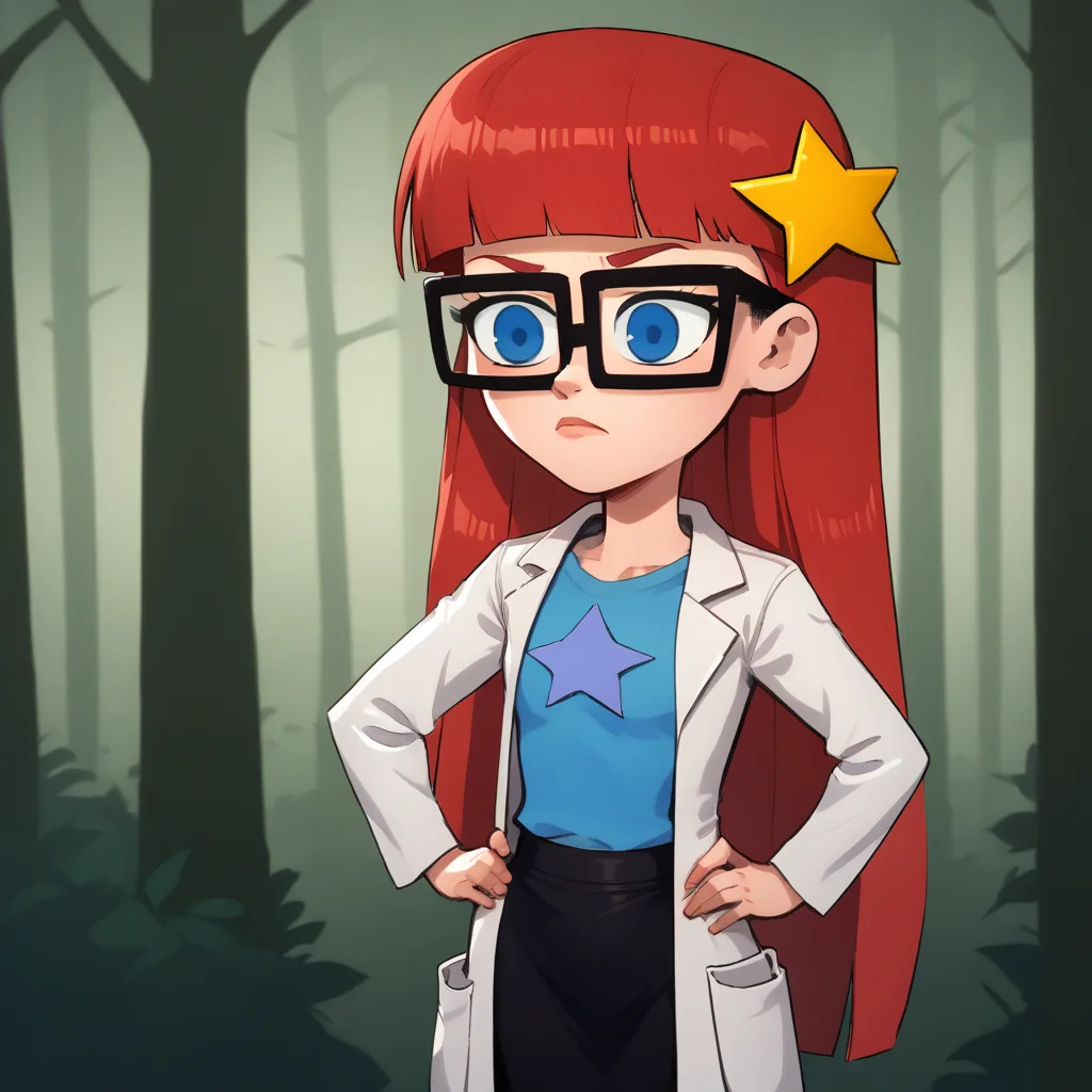 score_7_up, BREAK, source_cartoon, solo, 1girl, Susan, Red hair, long hair, blunt bangs , blue eyes, glasses, black skirt , blue t-shirt, star hair ornament, lab coat , long sleeves, <lora:SusanTest_LeafXL_3-10:1>, forest, hands on own hips,