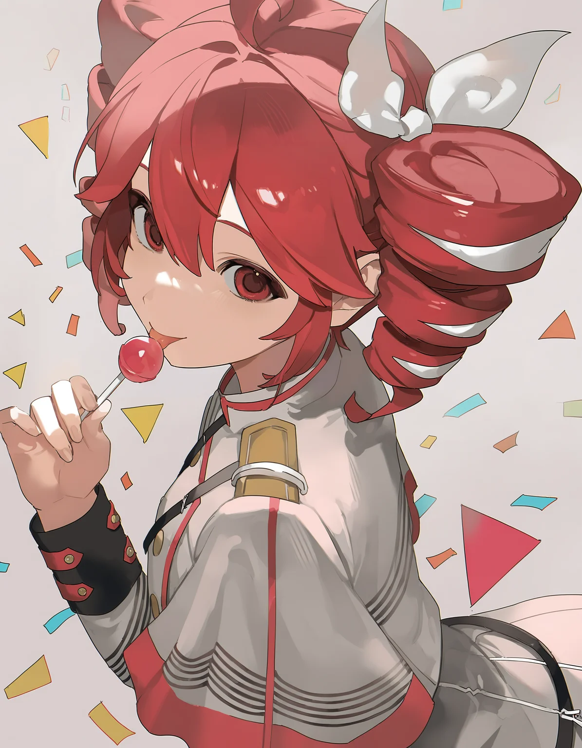 very awa, 1girl, kasane teto \(sv\), lollipop, licking, :p, triangle pennant, smile, cowboy shot, looking at viewer, facing to the side, confetti, white background, [masterpiece:0.15], [best quality:0.15], [newest:0.15], [absurdres:0.15]  <lora:stylelora-000026:1>