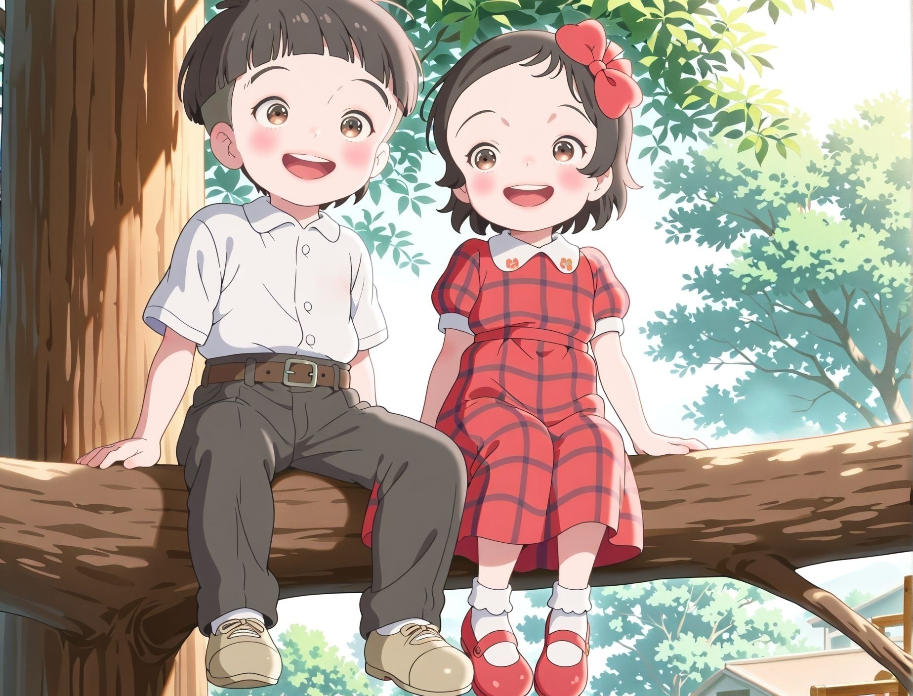 masterpiece,best quality,amazing quality,very aesthetic,absurdres,newest, huge filesize,
<lora:spo_sdxl_10ep_4k-data_lora_webui:0.5>,
<lora:add-detail-xl:1>
1girl,  1boy,in tree,ladder,2person sitting on trunk,smile, against tree, 
<lora:Totto_chan_V1:0.8>,madogiwa,
short hair,  
female child,  brown hair,  red dress,
brown eyes, plaid,  
mary janes,  shoes,  
socks,  hair bow, 
 m_totto,
(male child:-1)
BREAK
1boy,
male child, shirt, 
blush, belt, open mouth, brown eyes, black hair, 
white shirt, 
table, short sleeves, 
, m_yasuaki,