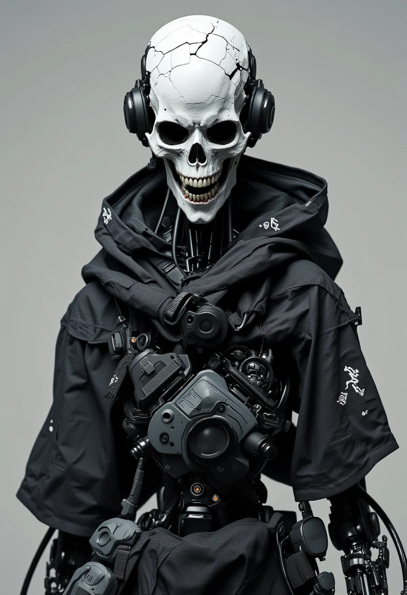 A highly detailed realistic CGI image of a futuristic skeletal humanoid robot with a cracked white skull head wearing tattered black clothing and advanced high-tech accessories. The background is a plain muted gray emphasizing the robot's intricate design and mechanical details. The perspective is a close-up frontal view highlighting the robotâs eerie mechanical features and the contrast between its organic and synthetic elements<lora:- Flux1 De-Distilled - the_edgy_mech_1.0:0.8>