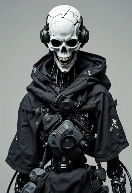 A highly detailed realistic CGI image of a futuristic skeletal humanoid robot with a cracked white skull head wearing tattered black clothing and advanced high-tech accessories. The background is a plain muted gray emphasizing the robot's intricate design and mechanical details. The perspective is a close-up frontal view highlighting the robotâs eerie mechanical features and the contrast between its organic and synthetic elements<lora:- Flux1 De-Distilled - the_edgy_mech_1.0:0.8>