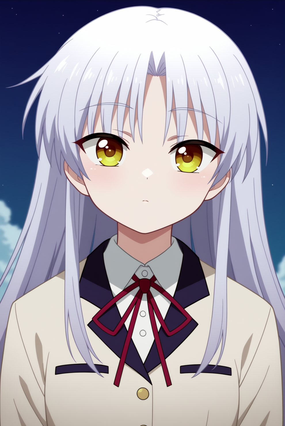 score_9, score_8_up, score_7_up, score_6_up, score_5_up, score_4_up, source_anime,anime screencap BREAK anime coloring,kanade tachibana,1girl,solo,long hair,school,front bangs ,uniform,slightly curved eyes,jacket,blazer,cloud,night,emotionless,looking at viewer,parody,close-up,kuudere,vintage style <lora:Kanade - PDXL.safetensors:0.8>