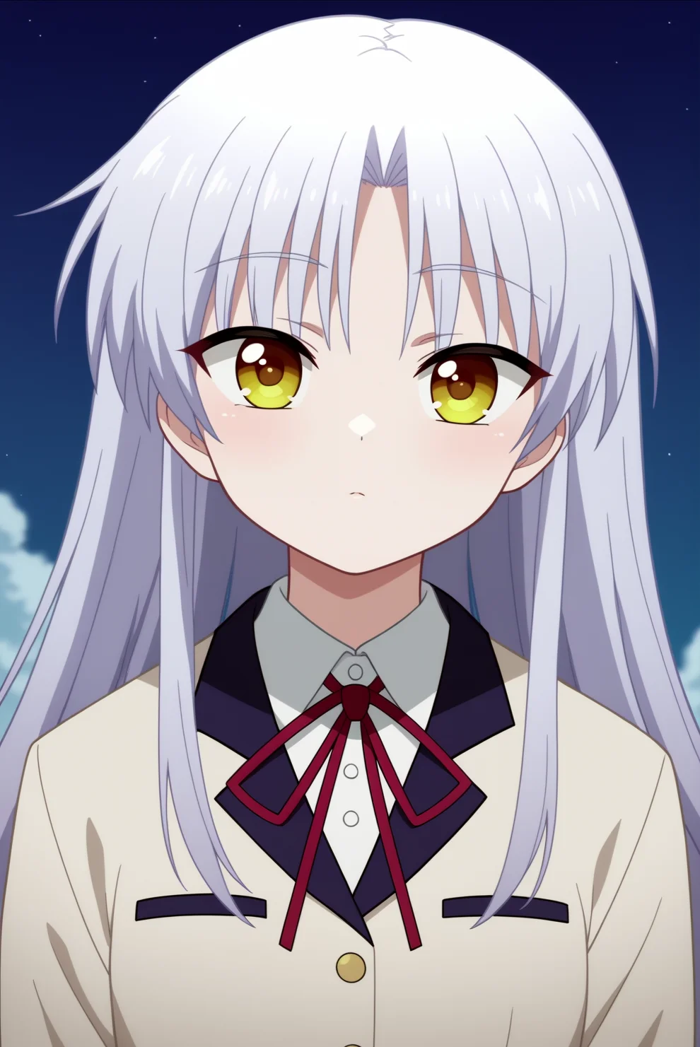 score_9, score_8_up, score_7_up, score_6_up, score_5_up, score_4_up, source_anime,anime screencap BREAK anime coloring,kanade tachibana,1girl,solo,long hair,school,front bangs ,uniform,slightly curved eyes,jacket,blazer,cloud,night,emotionless,looking at viewer,parody,close-up,kuudere,vintage style <lora:Kanade - PDXL.safetensors:0.8>