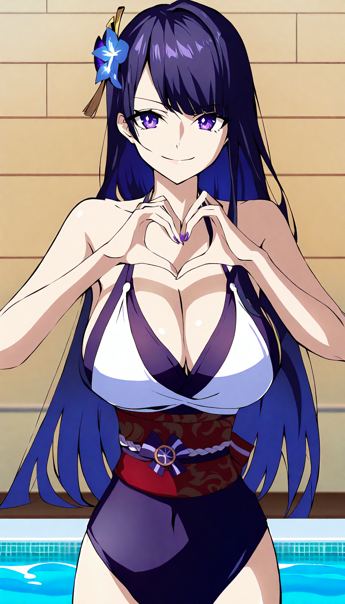 1girl,solo,raiden shogun,swimsuit,genshin impact,portrait,(from front:1.1),pool,heart hands,standing,smile,looking at viewer,breasts,cleavage,bangs,masterpiece,best quality,<lora:MadHouseXL-Anime_Style-000006:1>,madhouse-Animestyle,