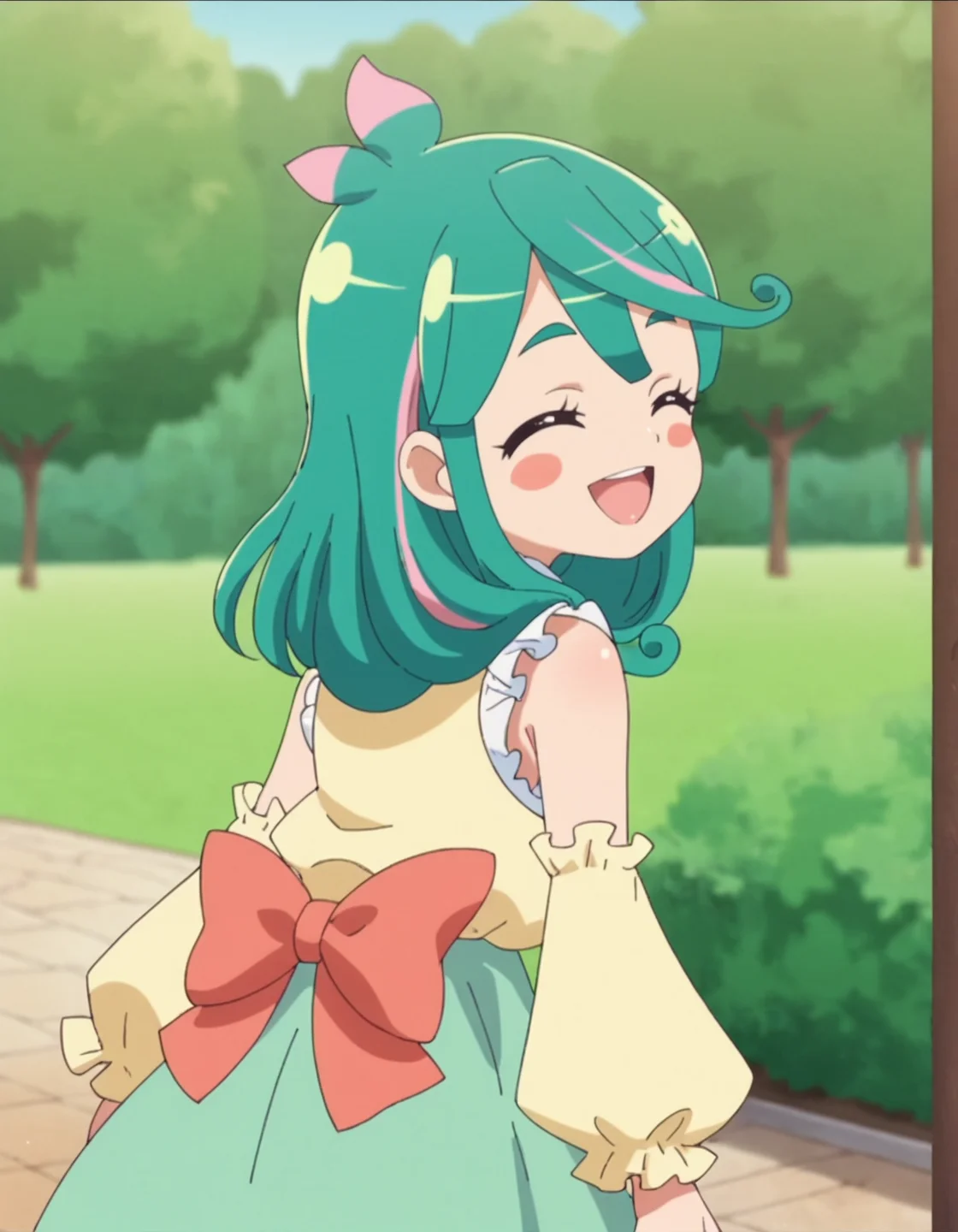 score_9, score_8_up, score_7_up, anime screencap, solo,1girl,hisui, skirt,bow,looking at viewer, outdoors, detached sleeves, blush stickers, long hair, yellow shirt, tree, shirt, open mouth,from behind,smile,closed eyes<lora:hisui_pony:0.8>