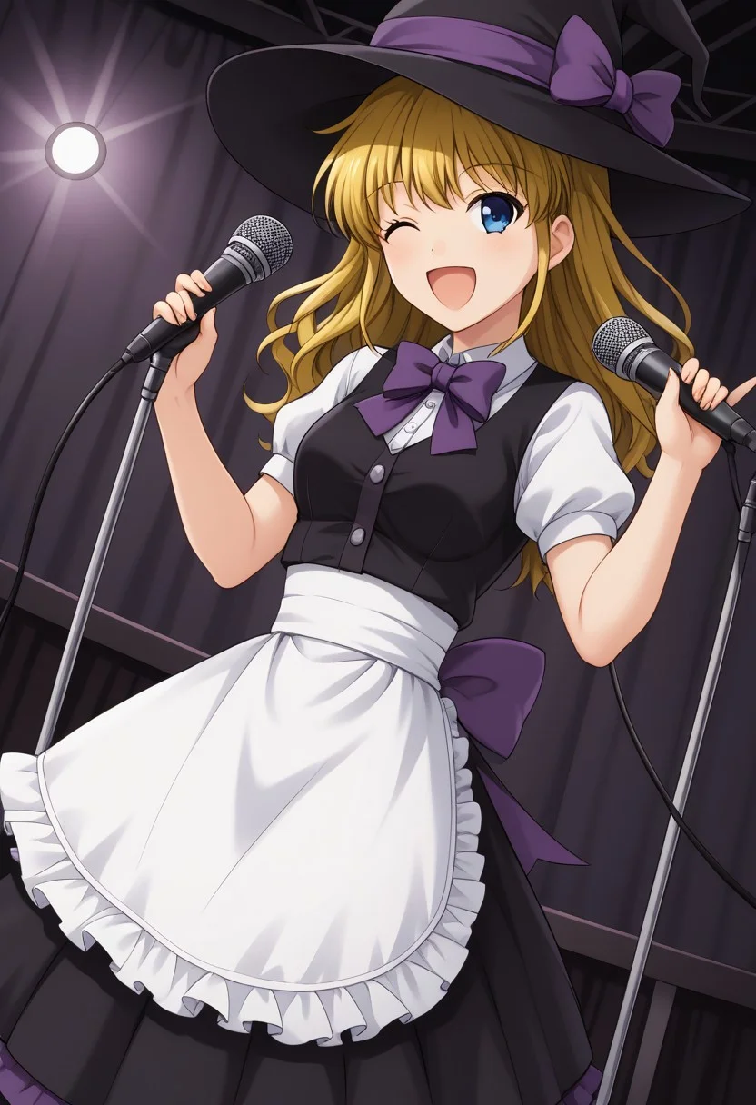 1girl, solo, uujessica, blonde hair, long hair, hair down, blue eyes, witch hat, purple bow, hat bow, white shirt, puffy short sleeves, black vest, white waist apron, black skirt, cosplay, indoors, concert, microphone stand, singing, wink, open mouth, smile
