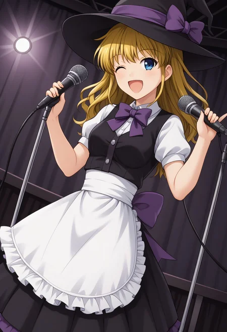 1girl, solo, uujessica, blonde hair, long hair, hair down, blue eyes, witch hat, purple bow, hat bow, white shirt, puffy short sleeves, black vest, white waist apron, black skirt, cosplay, indoors, concert, microphone stand, singing, wink, open mouth, smile