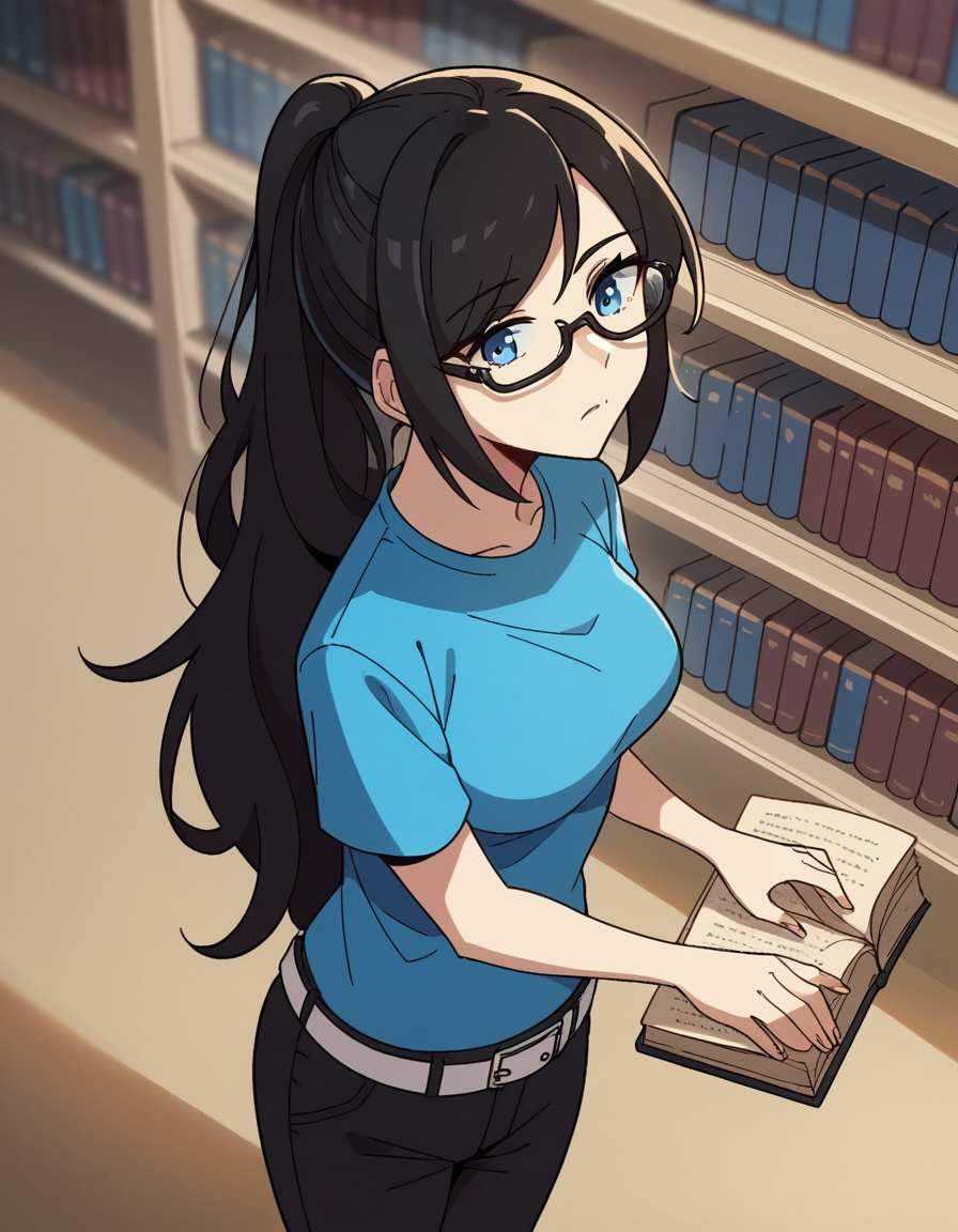 score_9, score_8_up, score_7_up, source_anime, <lora:classof09-nicole-ingame-ponyxl-lora-nochekaiser:1>, nicole, long hair, blue eyes, black hair, ponytail, medium breasts,, shirt, short sleeves, belt, pants, black pants, blue shirt, t-shirt, library, reading books, glasses, quiet, focused, shelves of books, , looking at viewer, from above,, solo,, dutch angle,