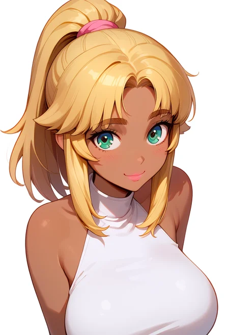 score_9, score_8, score_7, (absurdres), highres, (best quality), (highest quality), extremely detailed
, <lora:princess_xl_v2:0.7>
, <lora:1ly4XLP:0.7> 1ly4
, <lora:90s4n1m3XLP:0.7> 90s4n1m3
, <lora:Round_Breasts_XL_XV7:0.3>
, <lora:Doujinshi_Booba_PDXL_V3:0.8>
, <lora:sagging-pony-v1.2:0.6>
, Expressiveh,     <lora:Expressive_H:1>,  happy, smile, closed mouth
, 1girl, (solo)
, dark skin, brown skin
, high ponytail,  bangs, gold hair ribbon, medium hair, 
, looking at viewer, detailed eyes, <lora:EnvyStarlightPrettyEyes01:0.6>, green eyes, lips, sexy nose, sharp eyebrows, big eyes, [wide-eyed:0.8], [thick eyebrows]
, large breasts, huge ass , 
 , slim arms, slender arms, wide hips
, arms at sides
, (simple background, no background, white background)
, daylight, makeup, black eyeliner, [peach lipstick]
,top down bottom up, spread legs
, BREAK
, cowboy shot, upper body, full body
, brunette hair
, BREAK
, white tight dress, breasts apart
,, white pencil skirt
