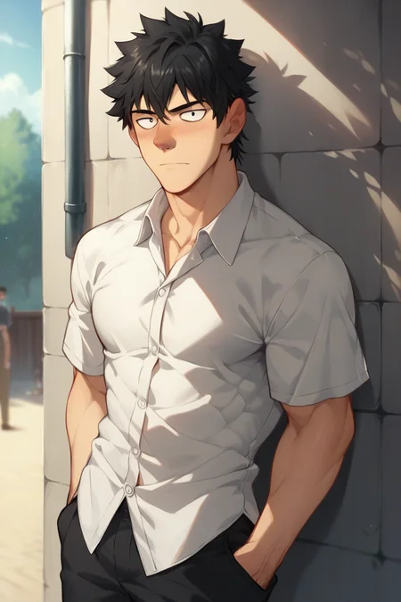 score_9, score_8_up,score_7_up, 1boy, solo, male focus, muscular, black hair, black eyes, white shirt, black pants, leaning against wall casually, outside, hands inside pockets, looking at viewer, slightly tilted up head, untucked shirt <lora:HanDaewi:1> blushed nose, front view