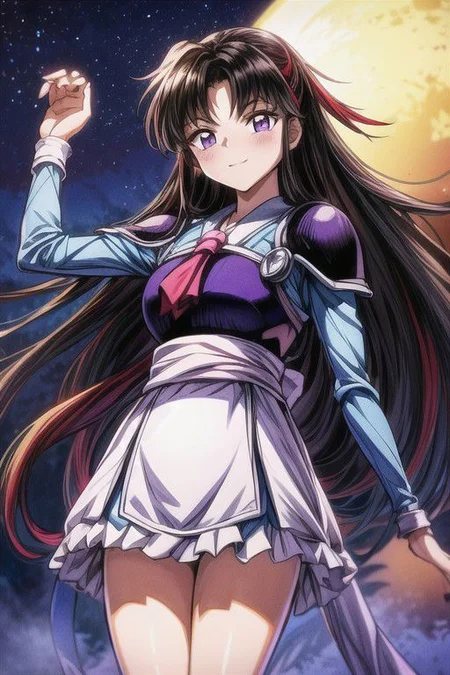 masterpiece, best quality 1girl Setsun4 solo long hair, (night time) forest background black hair very long hair purple eyes multicolored hair armor (fur trim) (medium body),<lora:EMS-179-EMS:0.800000>,<lora:EMS-293862-EMS:0.800000> bow, hair_bow, hair_tubes, red_bow, brown_hair, long_hair, bangs, ascot, frilled_bow, yellow_ascot, blush, smile, hair_between_eyes, athletic, armor, miko