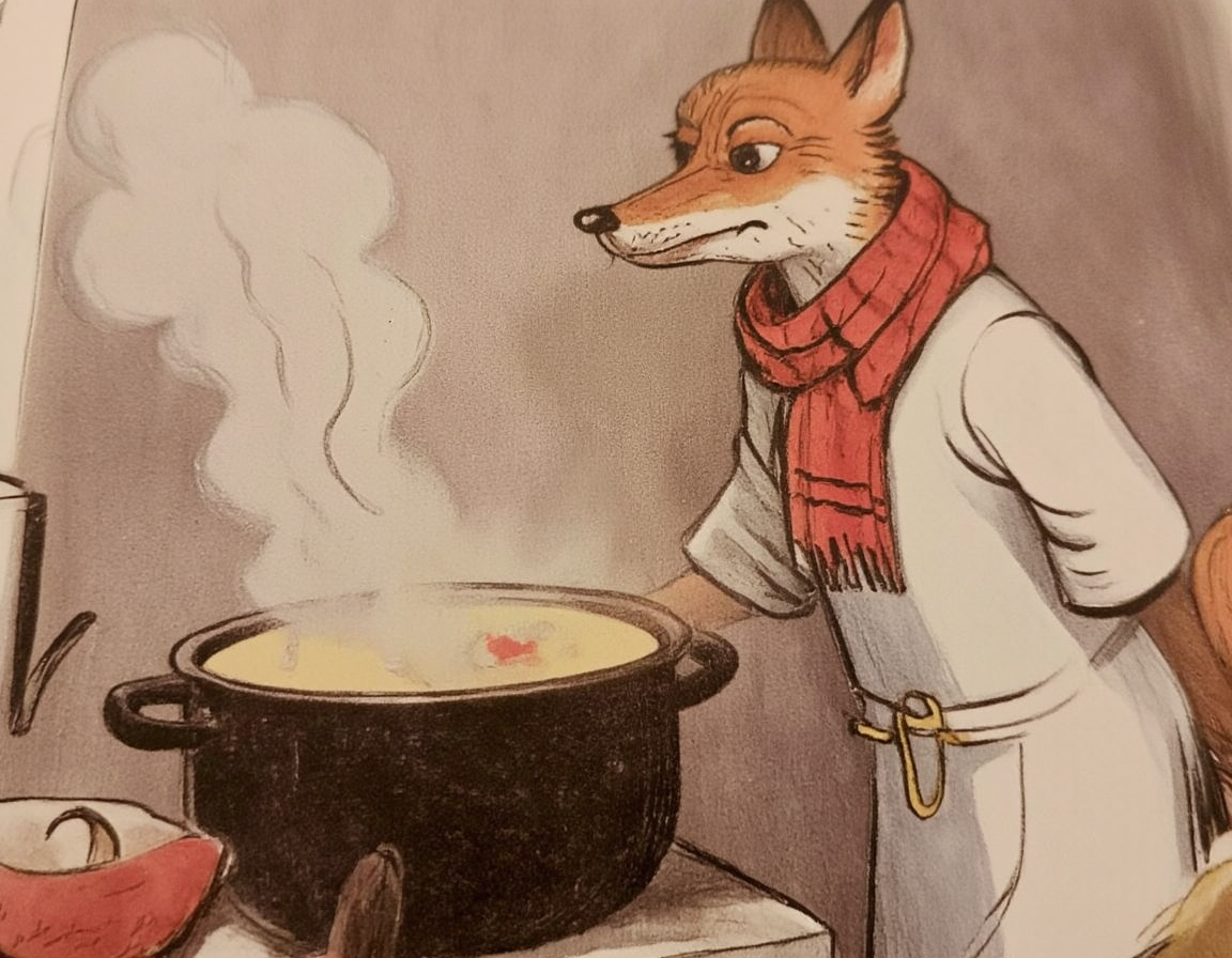<lora:suteev:1>, A fox wearing a red scarf cooking soup in a cozy kitchen, with steam rising from the pot, illustrated in the style of Suteev â simple shapes, gentle colors, and a warm, storybook feel.