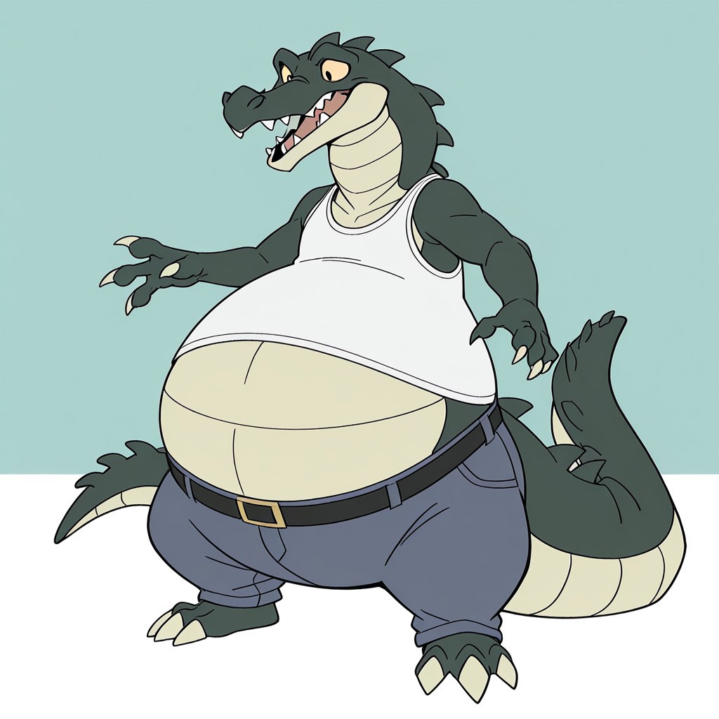 1boy, solo, official art, masterpiece, best quality, amazing quality, male, males only, male focus, Carv, crocodile, scalie, green skin, tan belly scales, head spikes, tail spikes, claws, tan claws, 4 fingers, 3 toes, tan sclera, black pupils, long snout, sharp teeth, long tail, bottom heavy, overweight, ((big belly:1.9)), white tank top, blue jeans, belt, male, solo, high quality, detailed, amazing shading, digital art, masterpiece