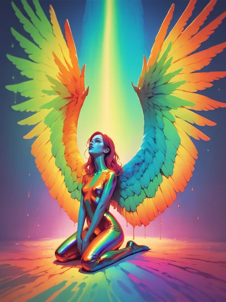 score_9, score_8_up, score_7_up, score_6_up, score_5_up, <lora:th3rm4lXLP:1> th3rm4l, solo, colorful, 1girl, thermal, orange, green, yellow, blue, kneeling, wings, dripping,