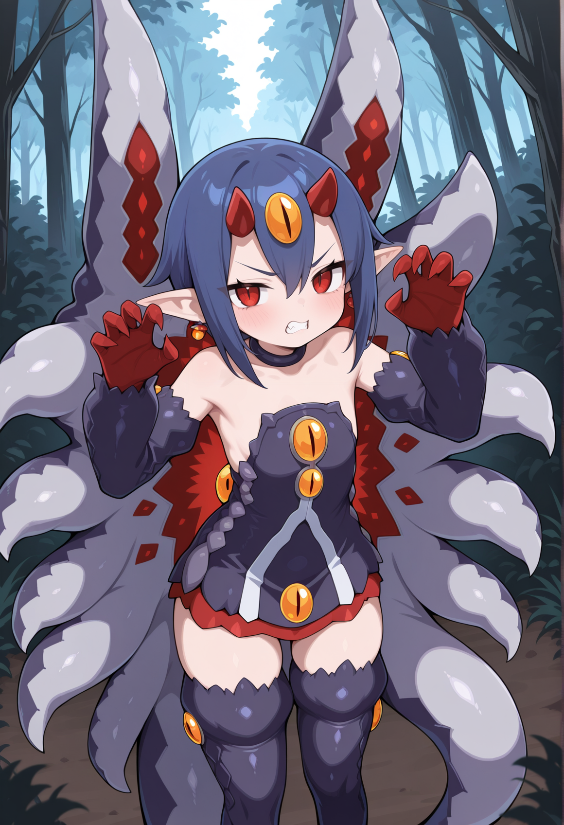 1girl, monster girl, short hair, blue hair, red eyes, horns, forehead jewel, slit pupils, pointy ears, short dress, detached sleeves, claws, thigh boots, tentacles, angry, claw pose, outdoors, forest, looking at viewer,   <lora:desco_disgaea:1>, masterpiece, best quality, amazing quality, very aesthetic, absurdres, highres, newest