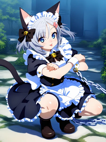score_9,score_8_up,score_7_up,score_6_up,source_anime, shiny, shiny skin, <lora:kink.pony:0.8>, <lora:MeMaXL_V3:0.8>, <lora:naipony2:0.8>,
1girl, animal_ears, solo, cat_ears, tail, cat_tail, maid_headdress, maid, tongue_out, tongue, blue_eyes, apron, bow, white_background, chain, squatting, dress, cat_girl, black_footwear, black_dress, short_sleeves, simple_background, hair_ornament, white_apron, bowtie, brown_hair, looking_at_viewer, cuffs, puffy_sleeves, boots, black_bow, short_hair, signature, maid_apron, :p, black_neckwear, hairclip, wrist_cuffs, bangs, grey_hair, waist_apron, full_body, puffy_short_sleeves, frilled_apron, hair_between_eyes, frills, animal_ear_fluff, shoes, thigh_strap, shadow, shackles, eyebrows_visible_through_hair, extra_ears, off_shoulder, black_nails