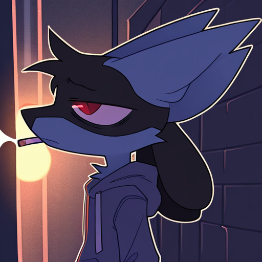 sinnerpen,
masterpiece,best quality,amazing quality, sfw,
BREAK
solo, lucario, male, no human,
BREAK
1boy,  displeasure expression, tired, hoodie, hood,
standing, smocking, 
from side, half body, night, dark ambient, cigarette light, alley, focus face