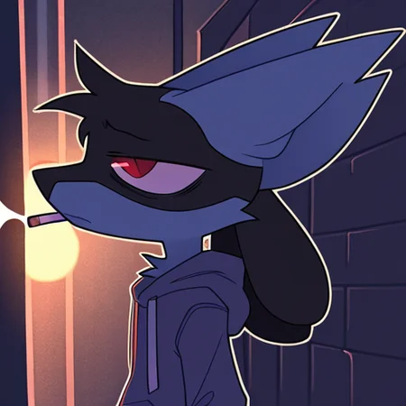 sinnerpen,
masterpiece,best quality,amazing quality, sfw,
BREAK
solo, lucario, male, no human,
BREAK
1boy,  displeasure expression, tired, hoodie, hood,
standing, smocking, 
from side, half body, night, dark ambient, cigarette light, alley, focus face