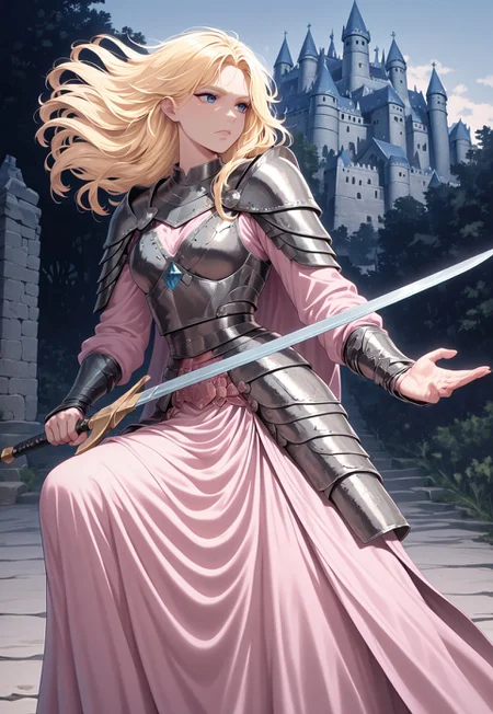 masterpiece, best quality, newest, absurdres, highres, FCOMV1.0, easynegative,
1 woman, solo, holding sword, fighting stance,armor dress, pink dress, castle in background, blond hair, blue eyes,