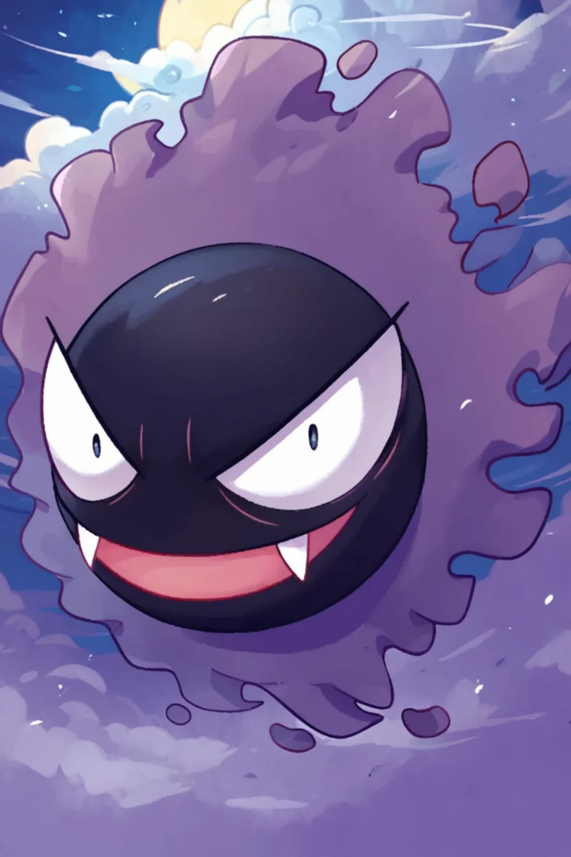 score_9, score_8_up, score_8, no humans, BREAK, , zzGastly, fangs, black eyes, full body, floating, outdoors, :d, night, cloud, purple background <lora:Gastly_Pokemon_PDXL:0.8>, , BREAK, smile, looking at viewer, cowboy shot, ,,, embedding:zPDXL, <lora:theButcherXPDXL:0.8>,