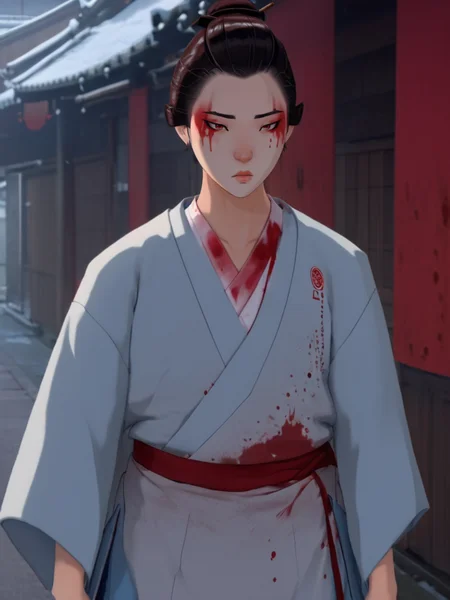full color drawing of Mizu, blood,makeup,looking down,blood on face,blood on clothes,clad in a grey jinbei, empty street, Edo period, full body, epic character composition,by ilya kuvshinov, manon bailly, drawing <lora:BlueEyeSamurai:1> <lora:epiNoiseoffset_v2:1>