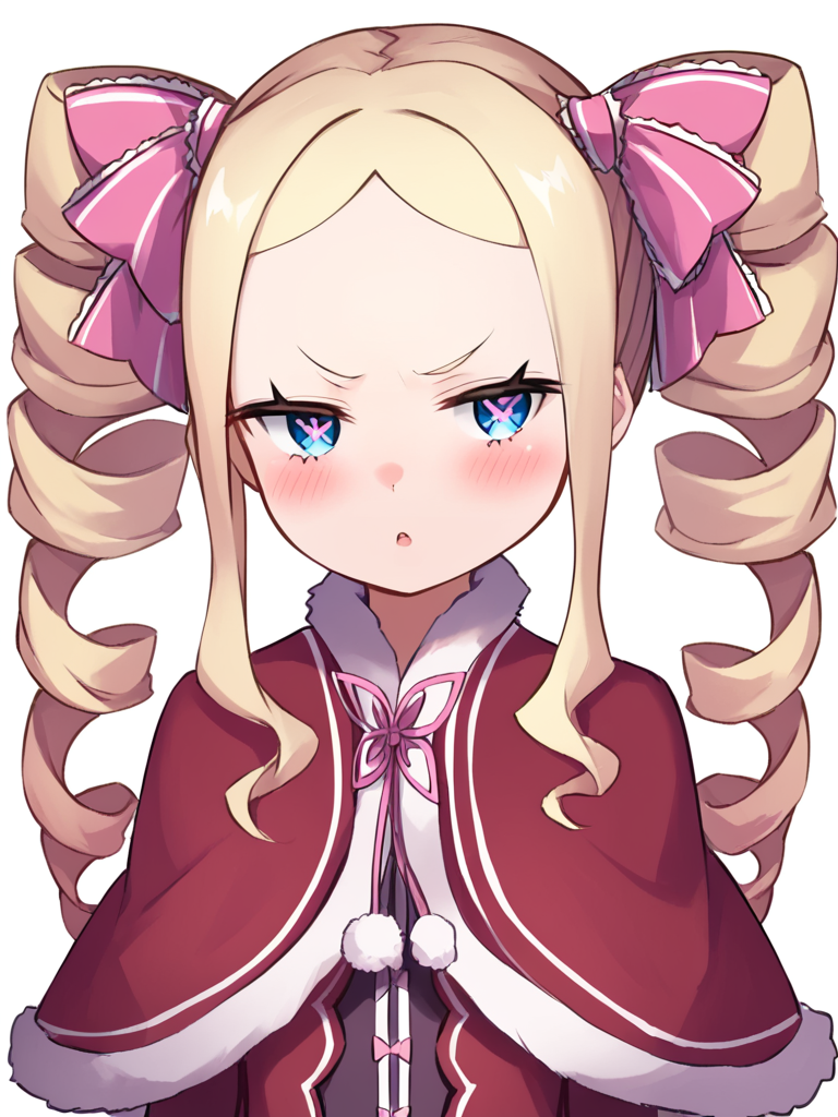 score_9,score_8_up,score_7_up,<lora:beatrice_(re_zero):1>,highres, parted_lips, v-shaped_eyebrows, blush, commentary_request, beatrice_\(re:zero\), 1girl, hair_ribbon, simple_background, sidelocks, upper_body, twin_drills, fur_trim, looking_at_viewer, pink_ribbon, solo, capelet, white_background