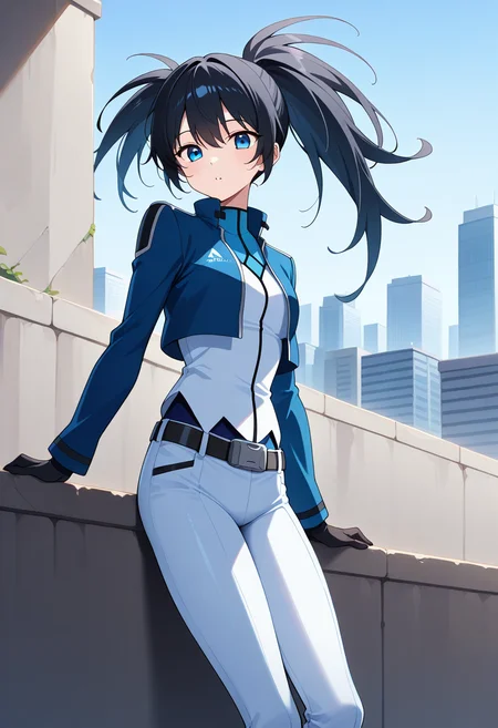 cbuniform, uniform, blue cropped jacket, long sleeves, two-tone shirt, belt, white pants, two-tone pants, 1girl, solo, stella2035, black hair, long hair, uneven twintails, blue eyes, outdoors, city, wall, leaning, looking at viewer, parted lips,