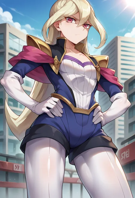 score_9, score_8_up, score_7_up, source_anime, masterpiece, 1girl, ct_gl0ria, pink eyes, blue coat, white shirt, popped collar, shorts, shoulder pads, elbow gloves, white legwear, outdoors, city, depth of field, looking at viewer, collarbone, shiny skin, from below, shaded face, hands on on hips, <lora:Gloria_Tyler_yugioh_ct_ver4:1>