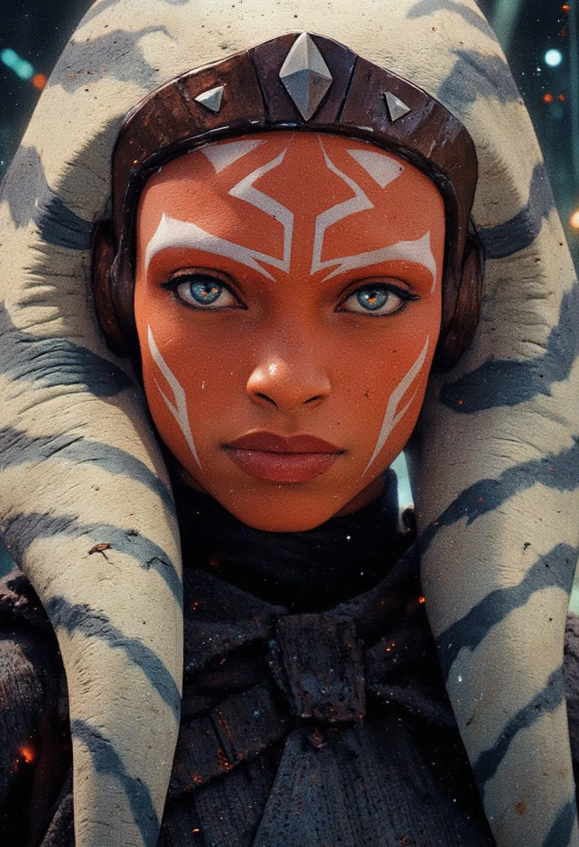 A beautiful Ahsoka tano, anime realism style, highly detailed face, vivid blue eyes, intricate armor design, soft cinematic lighting, realistic textures, space backdrop, cyberpunk accents