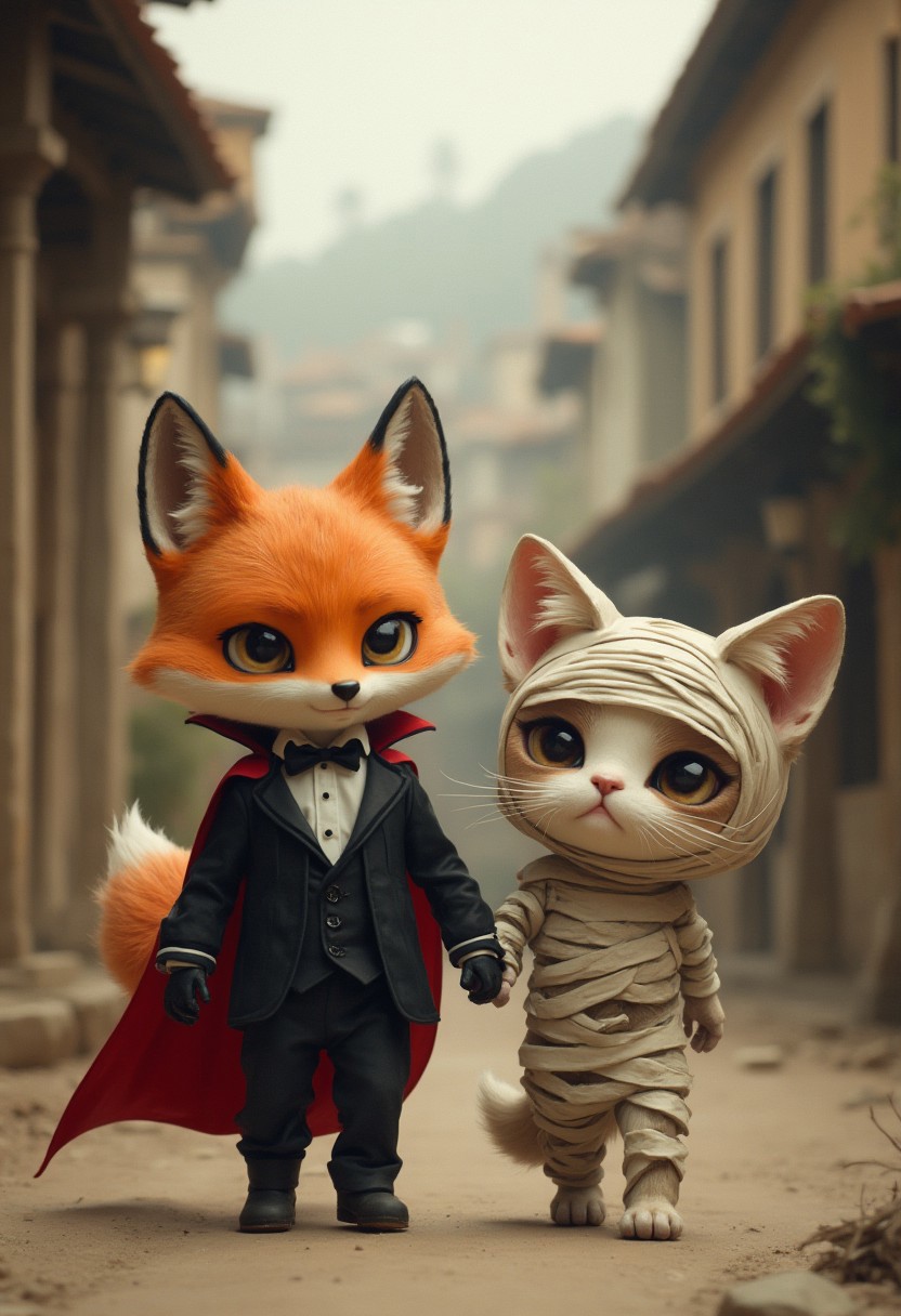 A professional photograph of a chibi fox (vampire costume, tuxedo, cape, sharp features, sly), a chibi cat (mummy outfit, wrapped in badages, sleepy eyes, dull-witted), they are walking through a small village (18th century, European), 
masterpiece, very detailed,