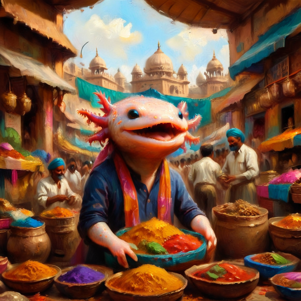 axomodelxl, axolotl in a bustling Indian market, surrounded by spices and fabrics, vibrant atmosphere, (oil paint style)