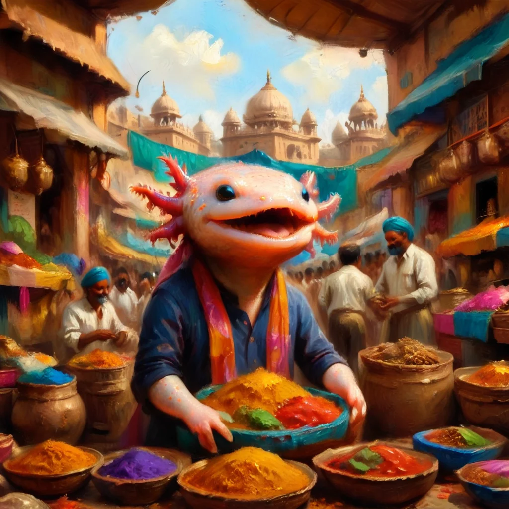 axomodelxl, axolotl in a bustling Indian market, surrounded by spices and fabrics, vibrant atmosphere, (oil paint style)