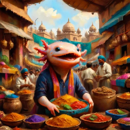axomodelxl, axolotl in a bustling Indian market, surrounded by spices and fabrics, vibrant atmosphere, (oil paint style)