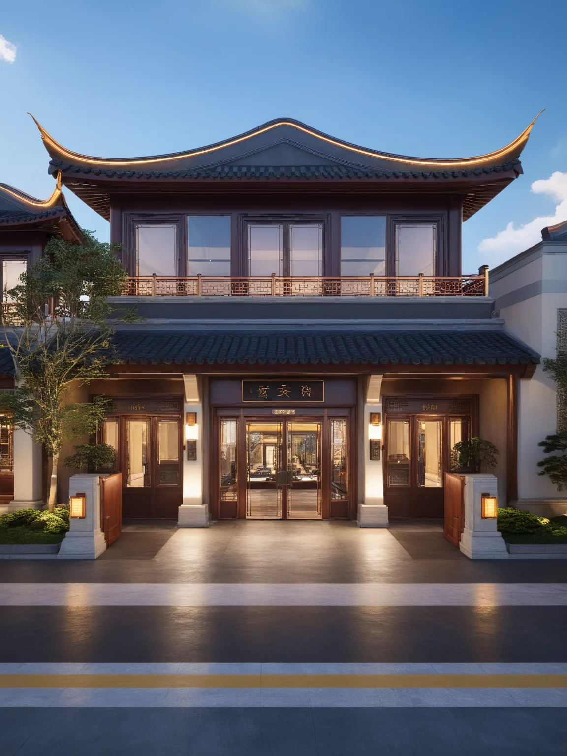 Architectural style Architectural style,   <lora:JJsChineseStyleHouse_XL:1>, ((Chinese Style House)),(masterpiece) , ((best quality)), dramatic lighting, high quality outdoors, sky, day, cloud, tree, blue sky, building, scenery, road, real world location,  sunlight, enough detail, high resolution,super realistic, Photorealistic, highly detailed, balcony, plants, door, car, truck, parking slot, paving, . Clean lines, architectural drawing, highly detailed  , . Clean lines, geometric shapes, minimalist, modern, architectural drawing, highly detailed