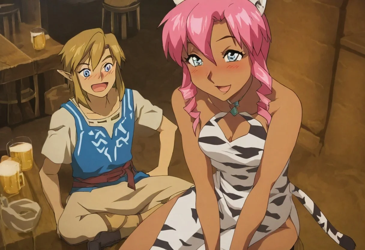 Pink_DragonPink, 1girl, sleeveless dress, white tiger print dress, pelvic curtain, cleavage, white tiger tail, red sash, small breasts, leather shoes, masterpiece, very aesthetic, cute expression, smiling, <lora:pink-illustrious:1>,
Break
(anime, anime coloring:1.3),1boy,Anime screencap,link (zelda),blonde hair,blue eyes,pointy ears, wearing blue hyilian tunic, smiling,
Hyrule tavern, tavern interior, moody lighting, drinking beer, happy, open mouth, sitting, bar stool, blush, drunk,