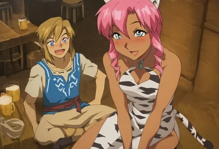 Pink_DragonPink, 1girl, sleeveless dress, white tiger print dress, pelvic curtain, cleavage, white tiger tail, red sash, small breasts, leather shoes, masterpiece, very aesthetic, cute expression, smiling, <lora:pink-illustrious:1>, 
Break
(anime, anime coloring:1.3),1boy,Anime screencap,link (zelda),blonde hair,blue eyes,pointy ears, wearing blue hyilian tunic, smiling,
Hyrule tavern, tavern interior, moody lighting, drinking beer, happy, open mouth, sitting, bar stool, blush, drunk,
